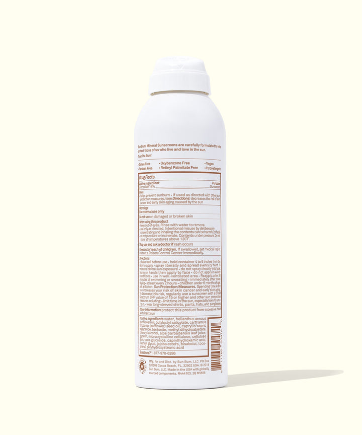 Mineral SPF 30 Sunscreen Spray with non-aerosol compression in a B.O.V container, fragrance-free and zinc-based, Sun Bum.