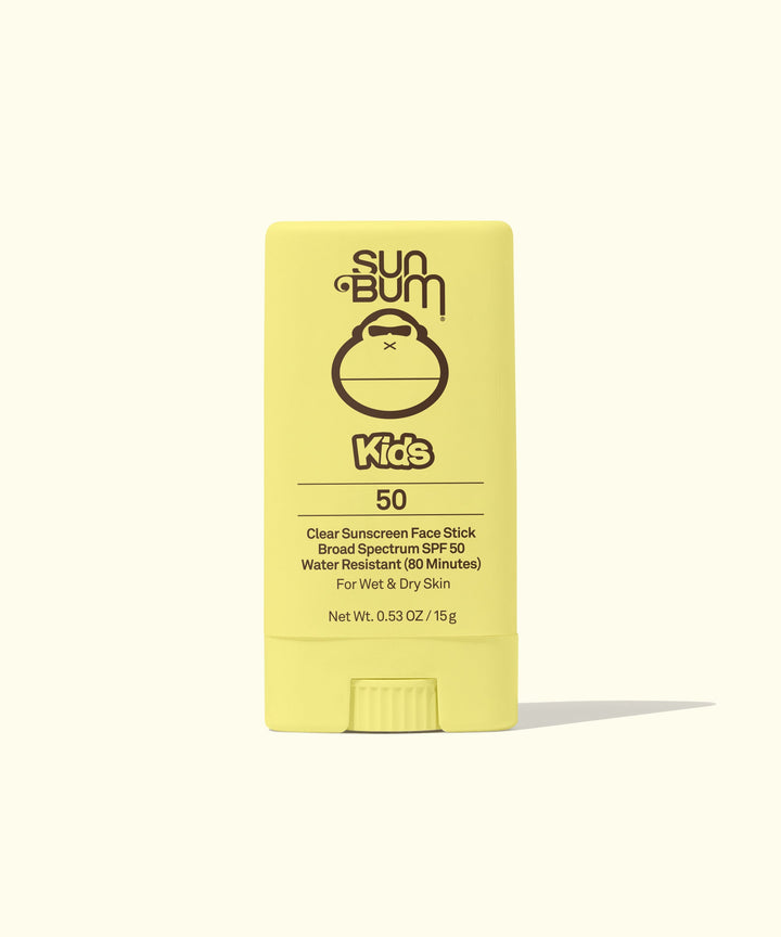Clear Kids Sunscreen Face Stick SPF 50, perfect for wet and dry skin application, by Sun Bum.