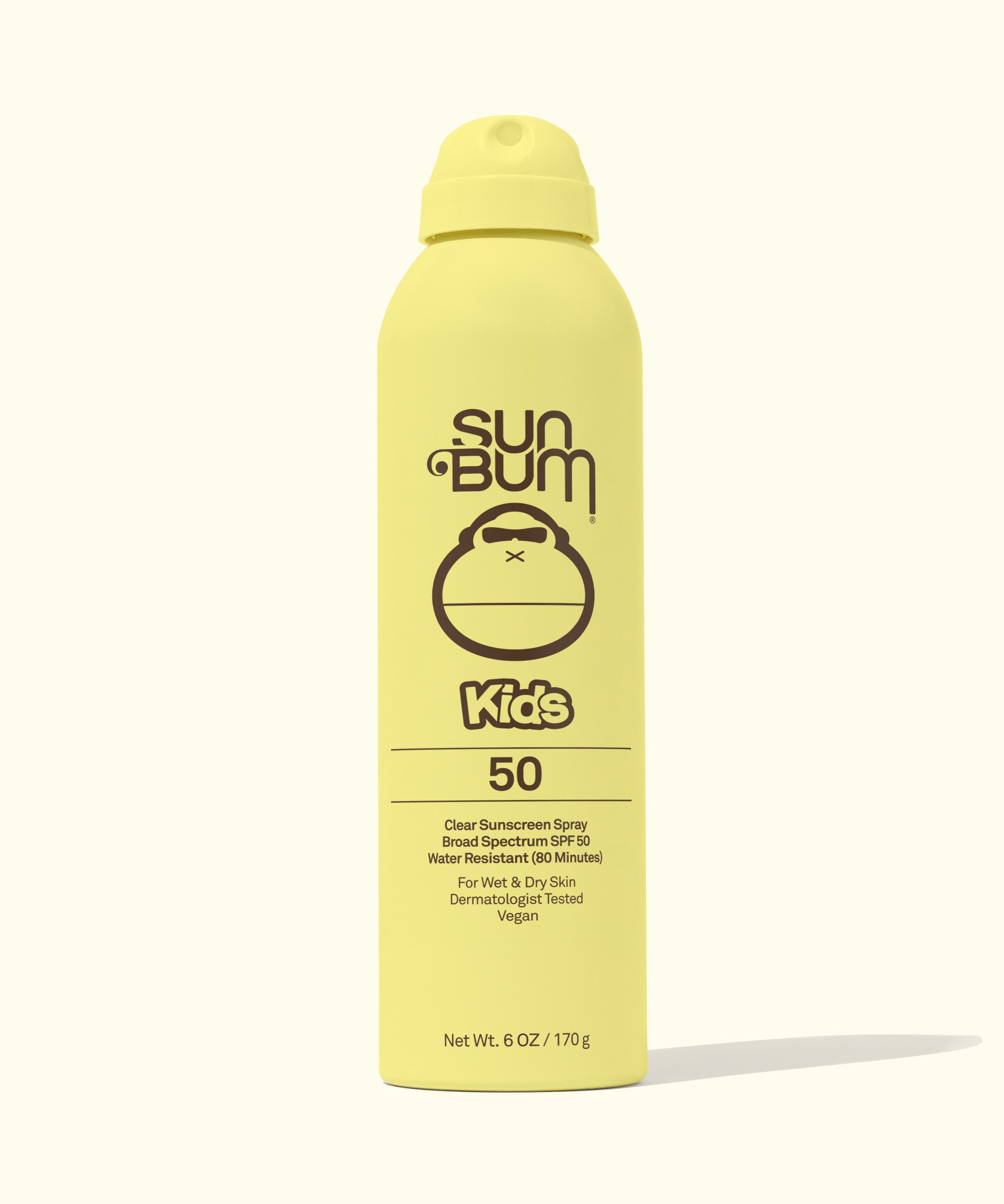 Yellow bottle of Kids SPF 50 Clear Sunscreen Spray by Sun Bum. Water-resistant for wet and dry skin, free of chemical propellants. Sun Bum.