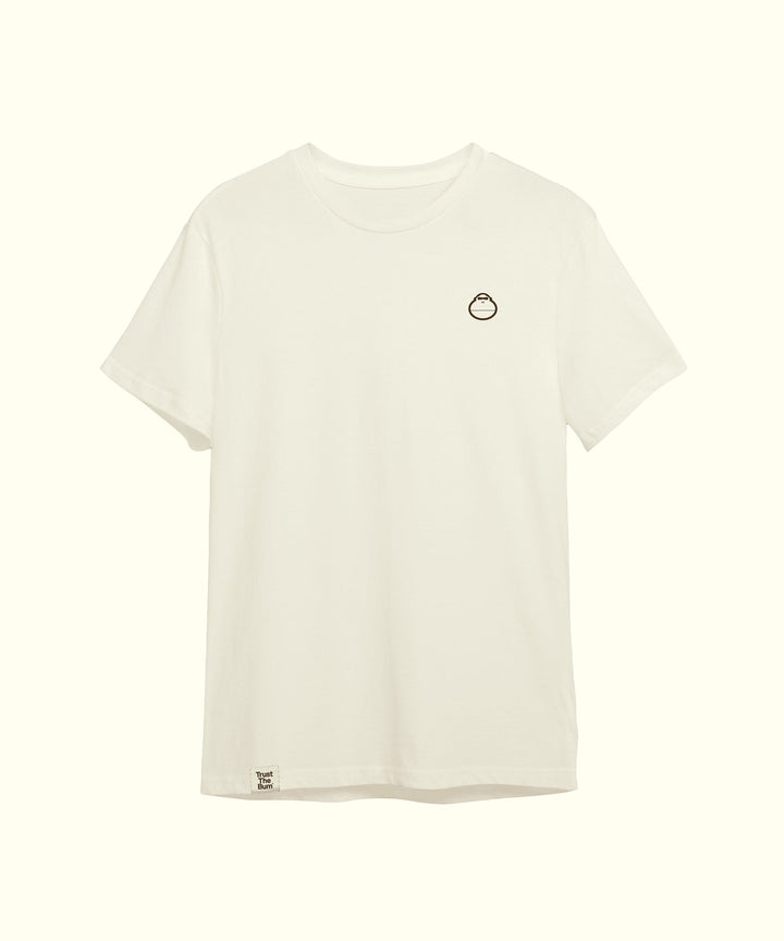 Plain white tee with a small mascot logo on the front, perfect for casual wear. Sun Bum