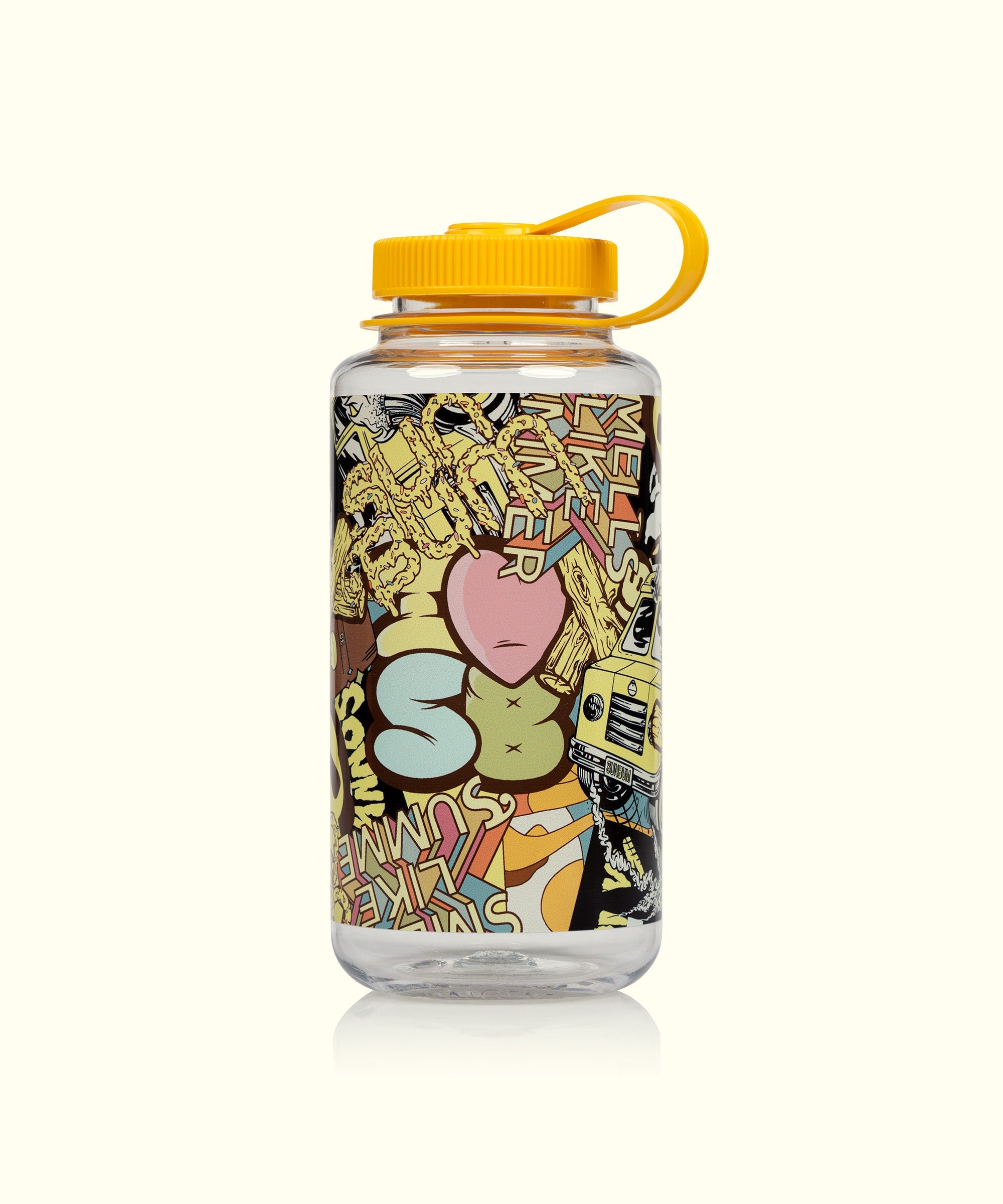 Colorful Nalgene® Water Bottle with vibrant, adventure-themed graphics and yellow lid, perfect for staying hydrated on-the-go. Sun Bum