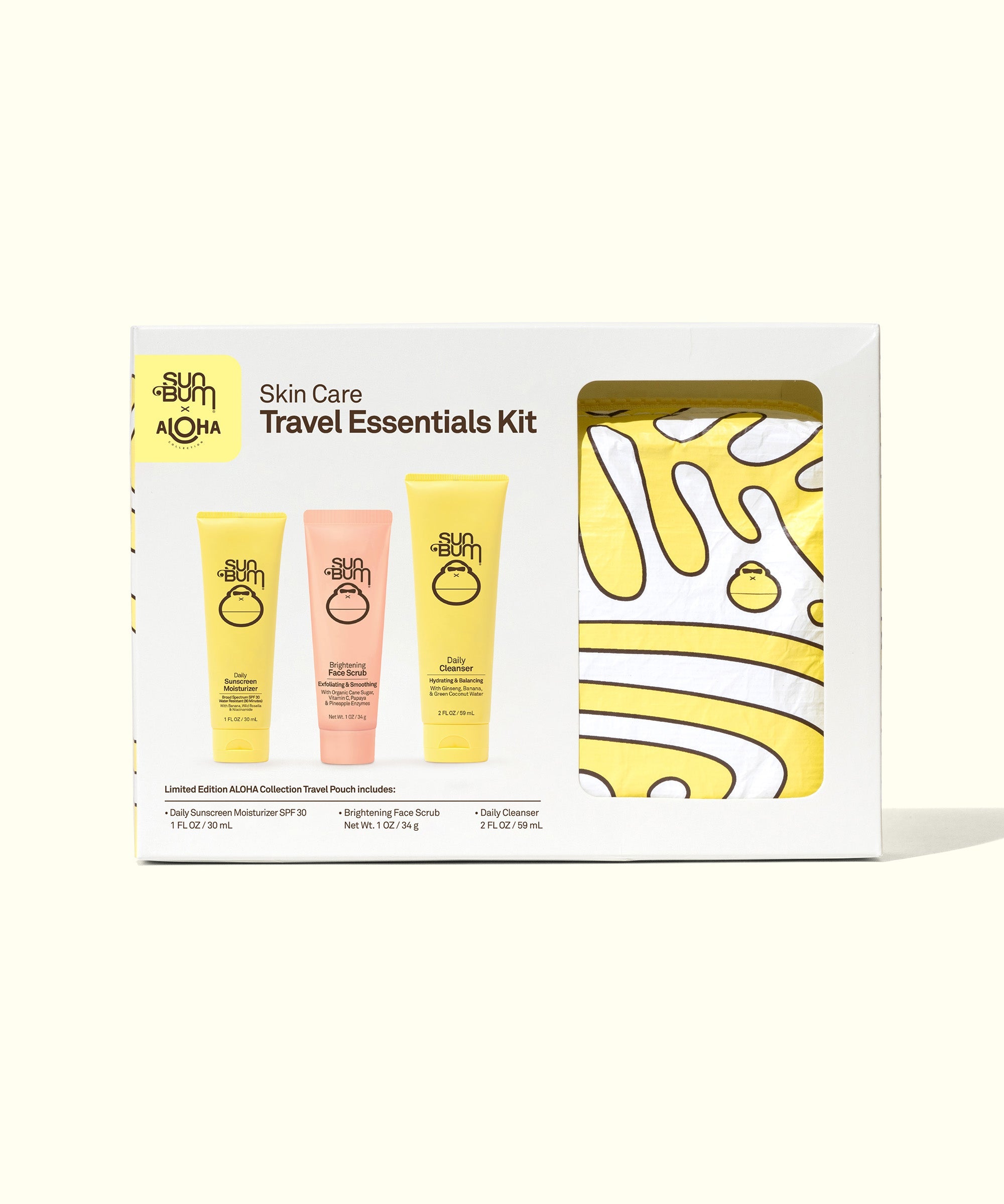 Sun Bum Skin Care Travel Essentials Kit with custom SPLASH-PROOF pouch created by ALOHA Collection, featuring three essential skin care products, Sun Bum.
