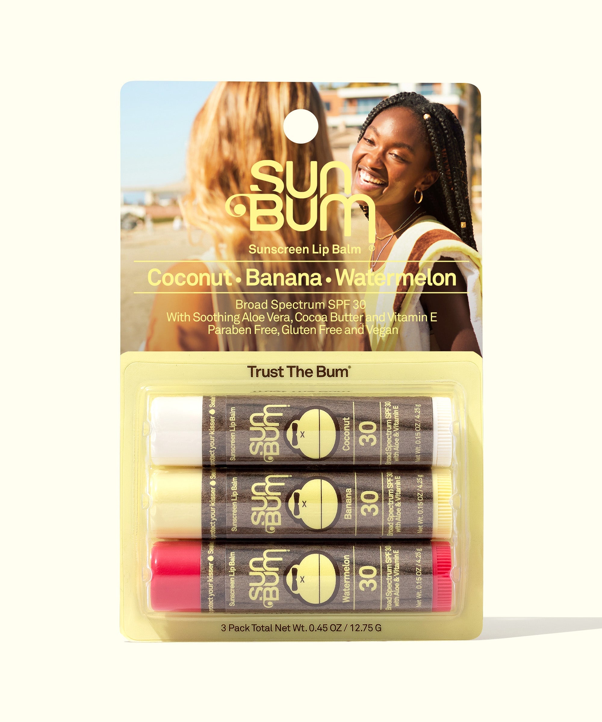 Original SPF 30 Sunscreen Lip Balm 3-Pack featuring coconut, banana, and watermelon flavors, shown in attractive packaging. Sun Bum.