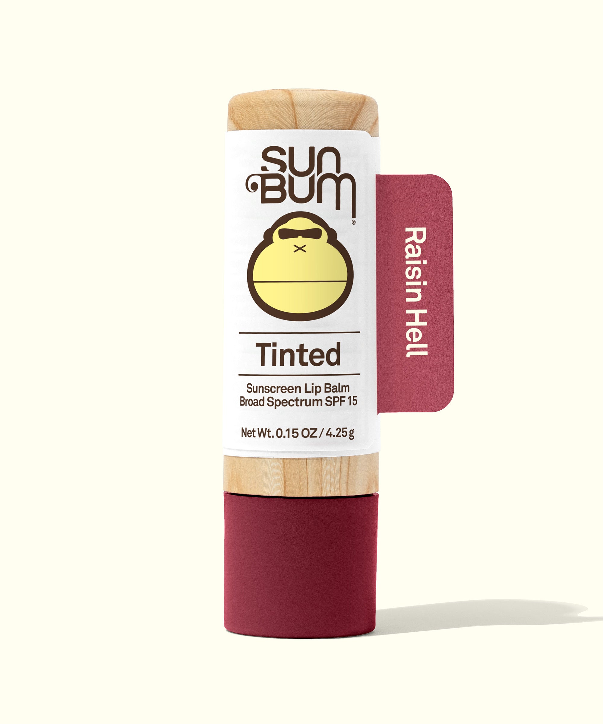 Tinted SPF 15 Lip Balm with a pop of color in "Raisin Hell" shade, by Sun Bum.
