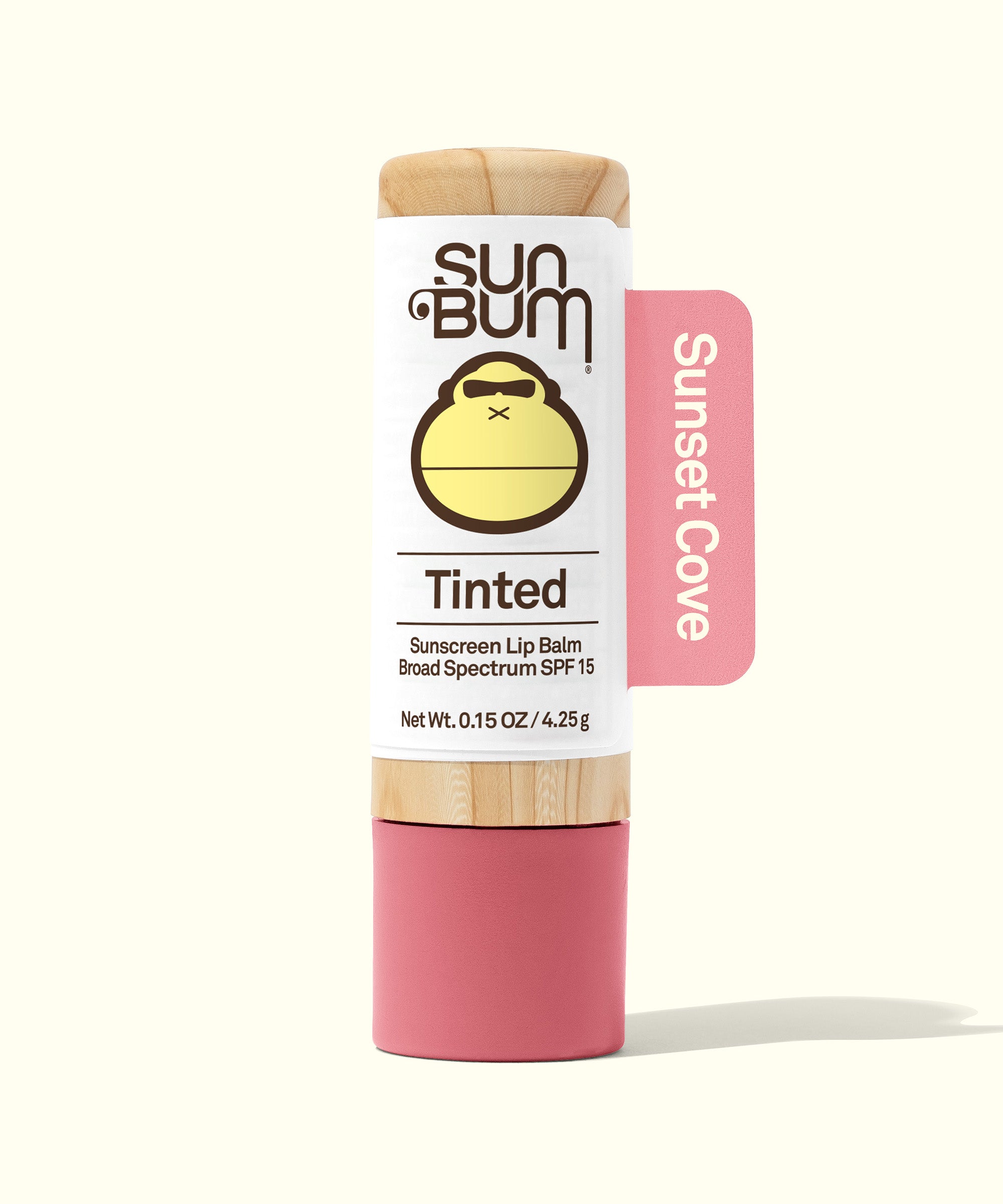 Tinted SPF 15 Lip Balm in Sunset Cove shade by Sun Bum, offering color with lip protection.