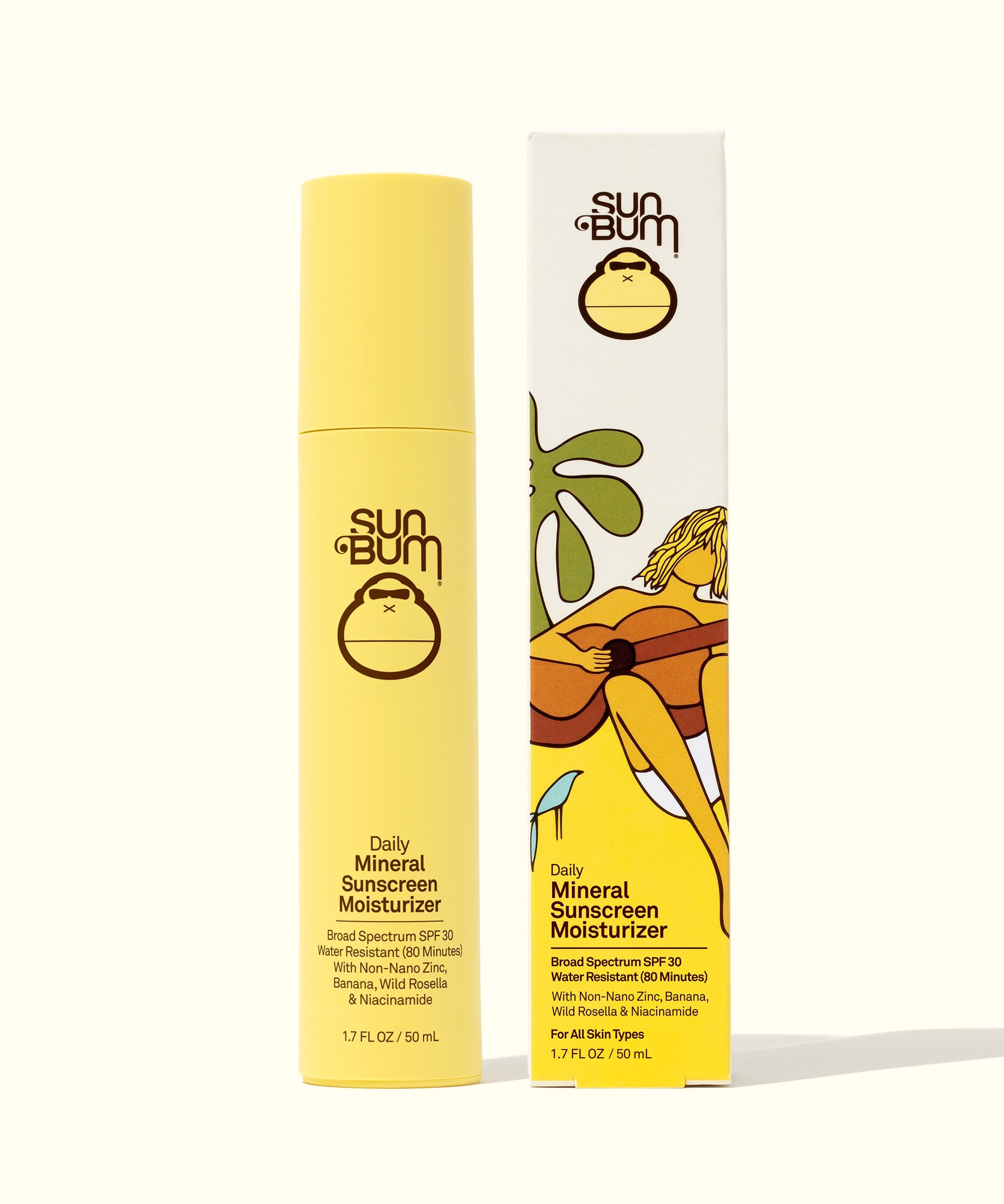 Daily Mineral Sunscreen Moisturizer SPF 30 by Sun Bum, featuring lightweight, zinc-based protection with antioxidants like Banana, Wild Rosella, and Niacinamide.