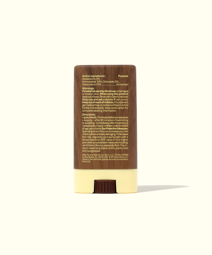 Back view of the Original SPF 30 Sunscreen Face Stick showing product details, compact design, and sleek packaging. Sun Bum.