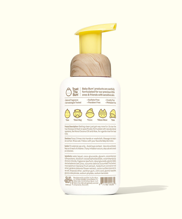 Back view of Baby Bum Foaming Shampoo & Wash bottle with a yellow pump, showcasing product details. Baby Bum.