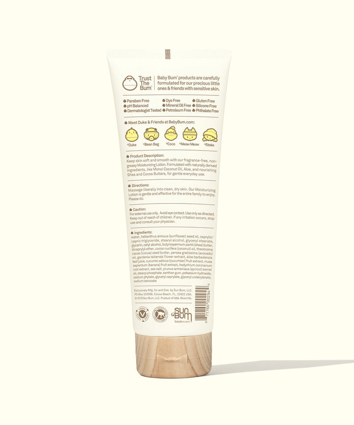 Back view of Baby Bum Moisturizing Lotion tube, featuring non-greasy formula with Monoi Coconut Oil, Shea, and Cocoa Butters for soft and smooth baby skin. Baby Bum.