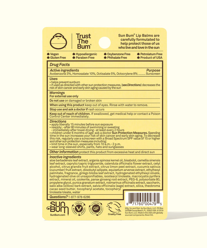 Back of packaging for Original SPF 30 Sunscreen Lip Balm 3-Pack highlighting ingredients, directions, and Sun Bum's vegan, gluten-free, cruelty-free, and paraben-free formula, Sun Bum