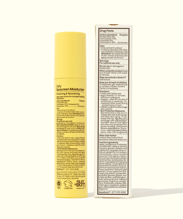 Yellow bottle of Daily Sunscreen Moisturizer SPF 30 with product and drug facts displayed beside it, featuring ingredients like Banana, Wild Rosella, and Niacinamide for hydrating and protecting the skin; Sun Bum.