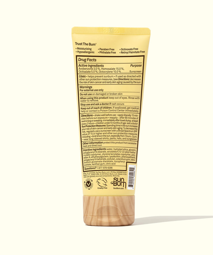 Back view of the Original SPF 70 Sunscreen Face Lotion tube with detailed product information, Sun Bum,