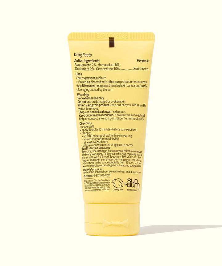 Yellow tube of Original SPF 15 Sunscreen Hand Cream, designed to hydrate and protect hands from UV rays. Back label with ingredients and instructions. Sun Bum.