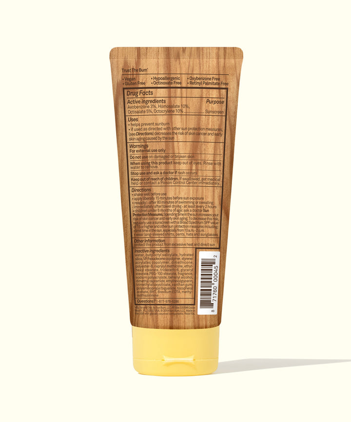 Back view of a tube of Original SPF 50 Sunscreen Lotion featuring wooden design packaging with product details, Sun Bum