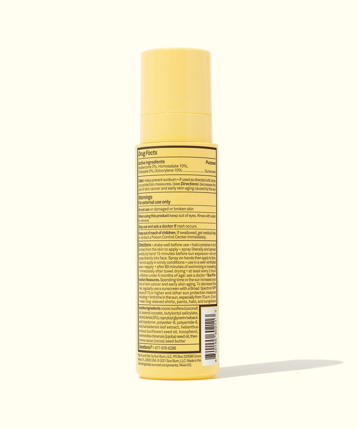 Back view of the yellow bottle of Original SPF 30 Sunscreen Oil with detailed ingredients and directions, Sun Bum.