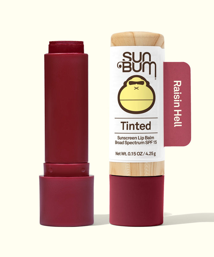 Tinted SPF 15 Lip Balm in Raisin Hell shade for a touch of color and lip protection. Sun Bum