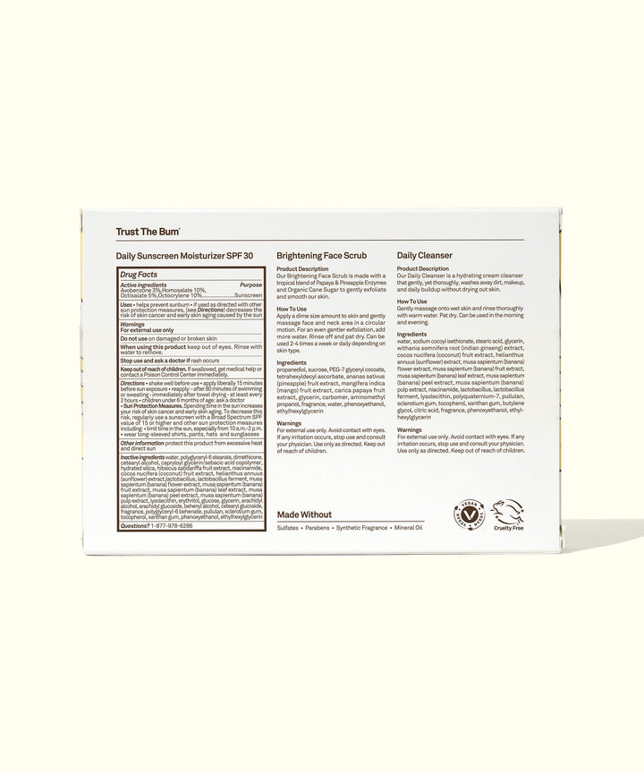 Back of the Skin Care Travel Essentials Kit packaging showing product details and ingredients for Daily Sunscreen Moisturizer SPF 30, Brightening Face Scrub, and Daily Cleanser from Sun Bum.