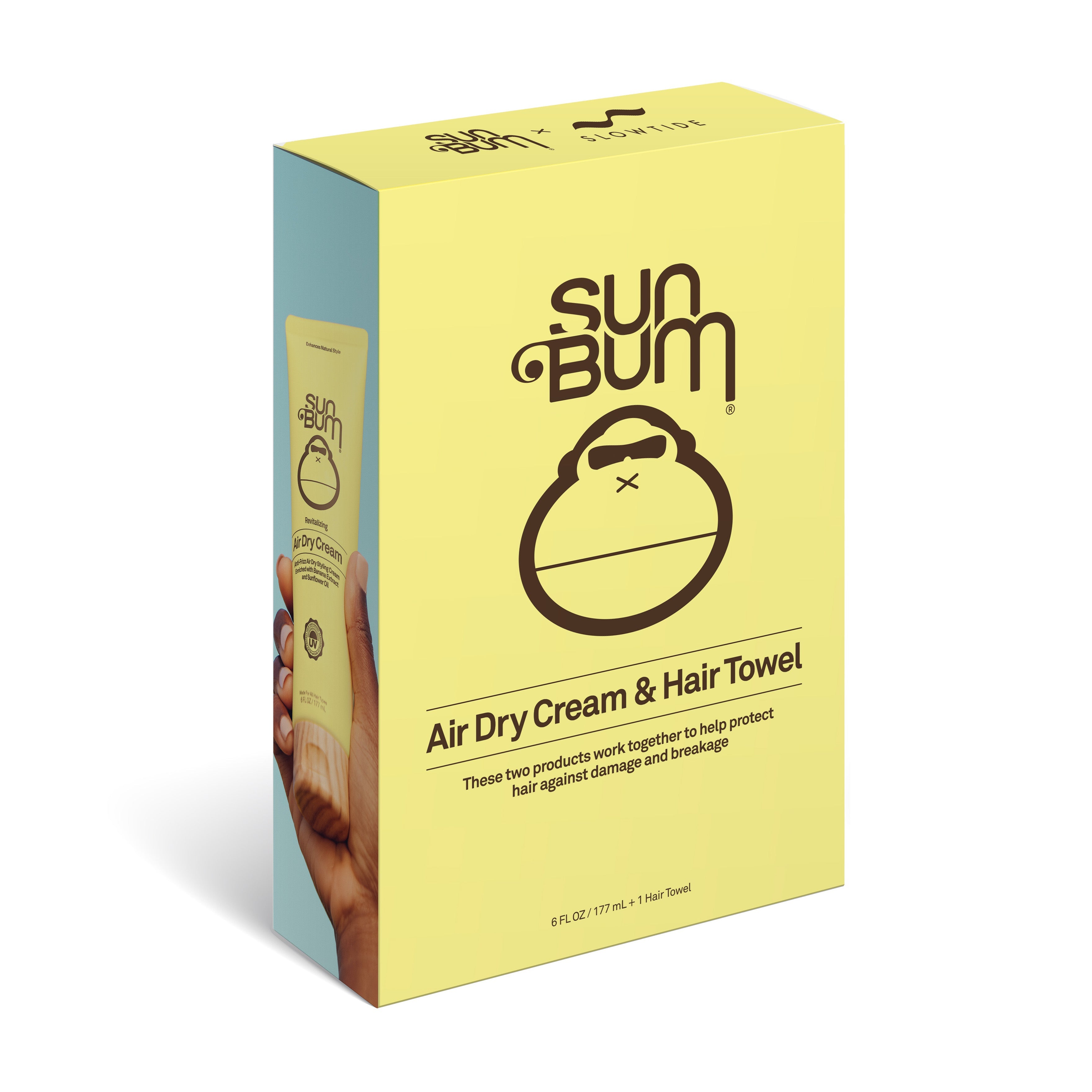 Air Dry Cream & Hair Towel Kit packaging by Sun Bum, designed to protect hair against damage with a simple, stylish solution for post-wash care.