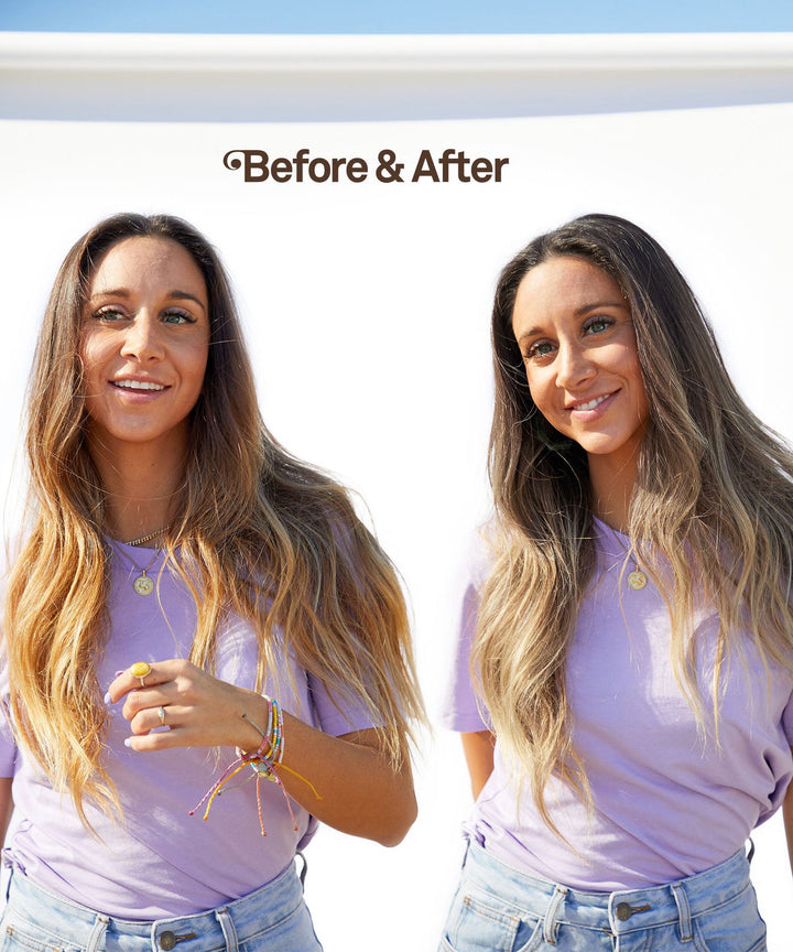 Before & After transformation using Blonde Purple Conditioner. Cool down warm tones in natural and color-treated blonde or brunette hair. Sun Bum,