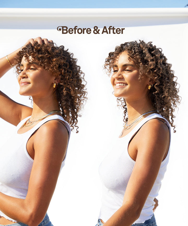 
Before and after results of using Blonde Purple Shampoo on curly hair, emphasizing its gentle cleansing, toning, and hydrating effects by Sun Bum.